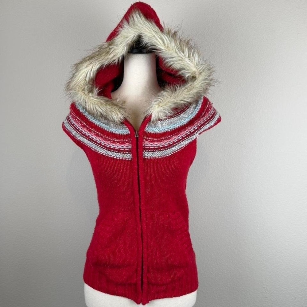 Old Navy Red Knit Fur Hood Zip Vest